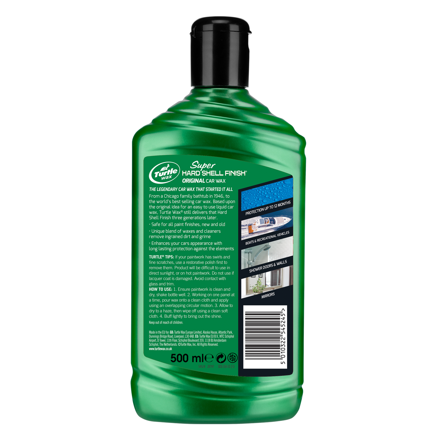 Turtle Wax Super Hard Shell Finish car wax. Classic green bottle, 500ml size, ideal for vehicles, boats, showers, and mirrors.