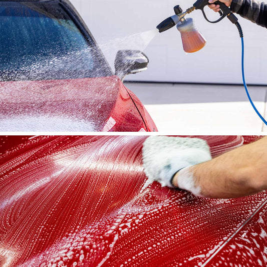A red car gets a detailing with foamy, pH-balanced wash. Applying soap with a pressure washer and mitt. For a gleaming finish.