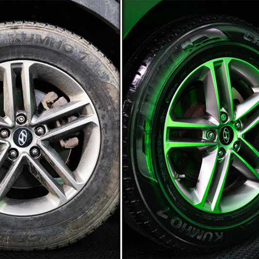 Dirty vs shiny alloy wheels & Kumho tyres comparison. Car detailing result.