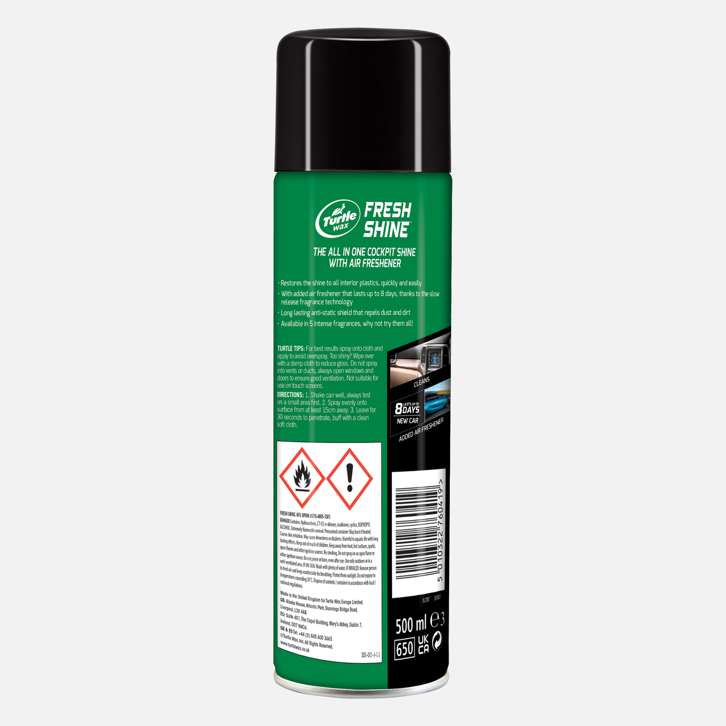 Turtle Wax Fresh Shine 500ml restores interior plastics with a new car scent. The all-in-one cockpit shine has anti-static properties.