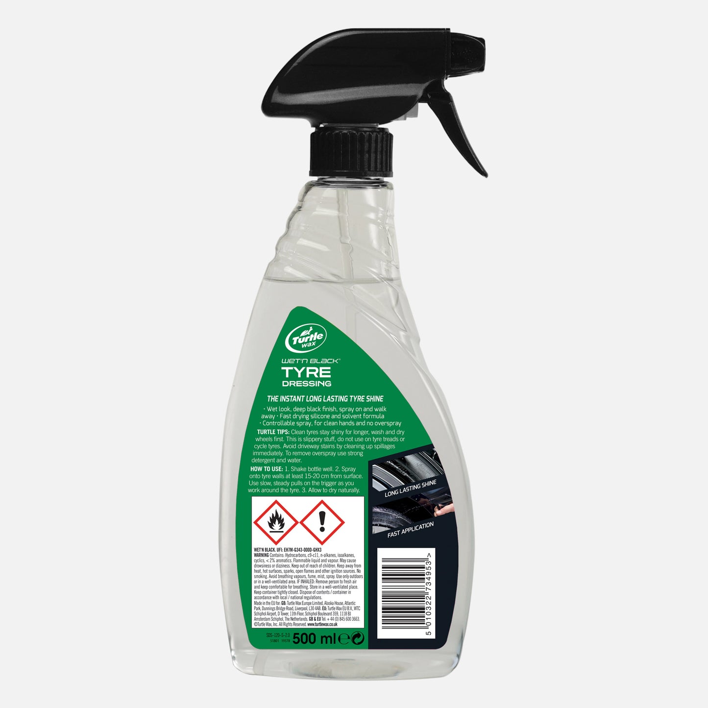 Turtle Wax Wet n Black Tyre Dressing provides a lasting, deep black shine. Fast drying, it’s easy to apply with its controllable spray. 500ml.