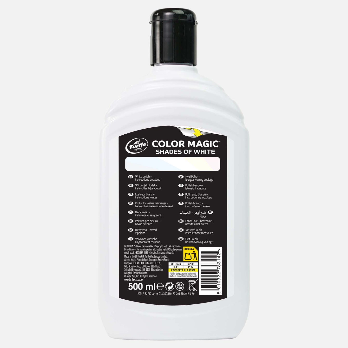 Turtle Wax Color Magic: White car polish for restoring paintwork. 500ml bottle with instructions. The running turtle logo is visible.