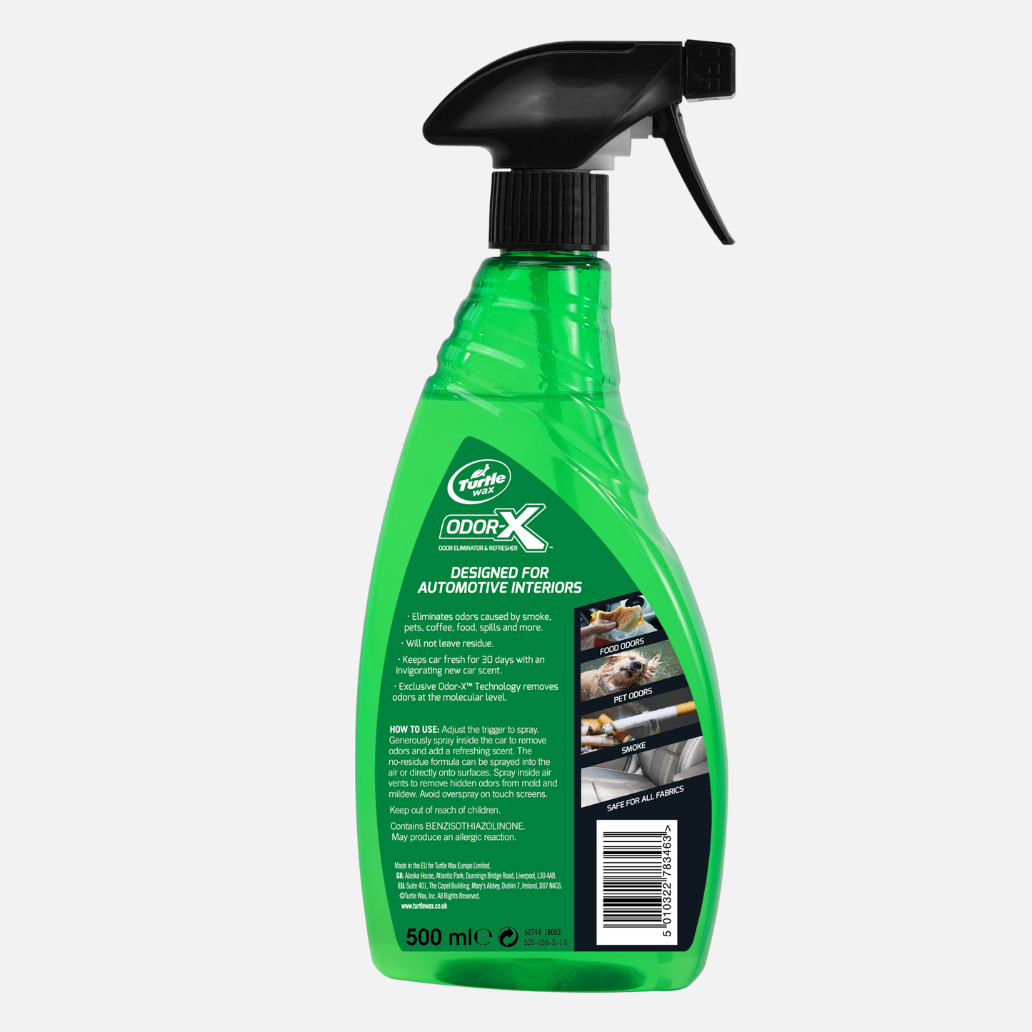 Turtle Wax Odor-X car interior odour eliminator. Removes smoke, pet, and food smells. Leaves a fresh car scent. 500ml spray bottle.