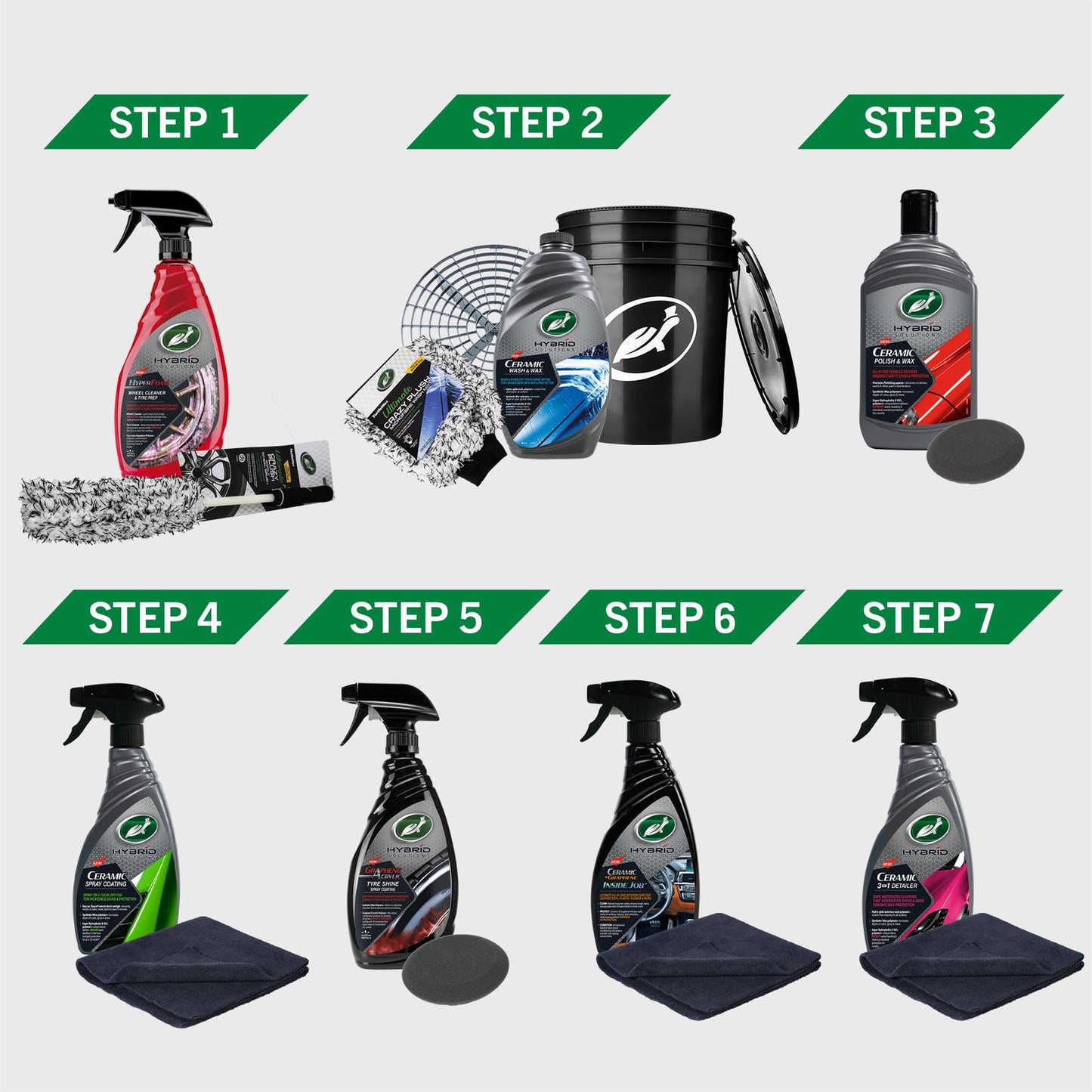 Turtle Wax Hybrid Solutions: 7 steps for car valeting. Includes ceramic car shampoo, graphene acrylic tyre shine, and interior detailer.