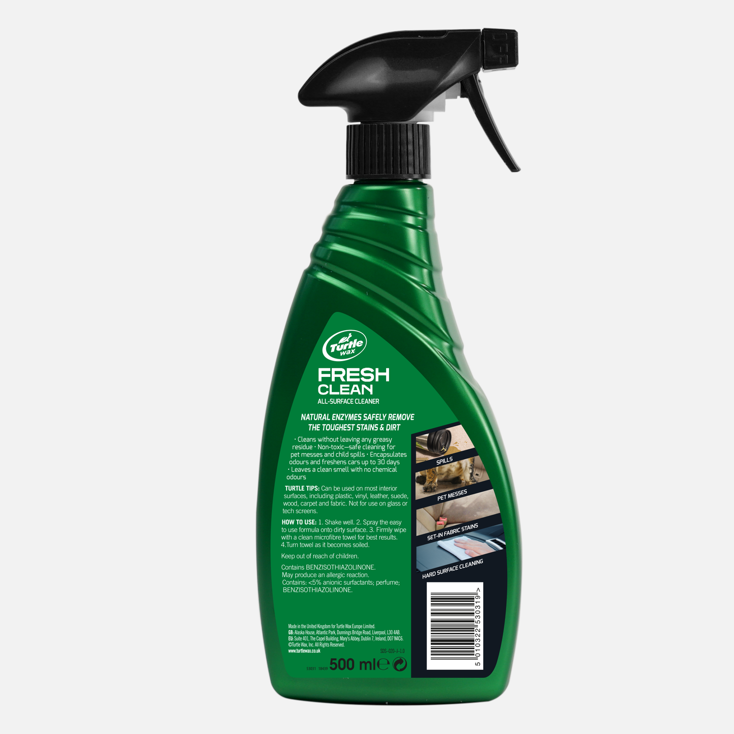 Turtle Wax Fresh Clean all-surface cleaner in a 500ml trigger spray bottle. For interior spills, pet messes and hard surface cleaning.