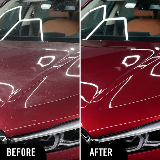 Before and after comparison of a car's hood when using the concentrated snow foam car shampoo