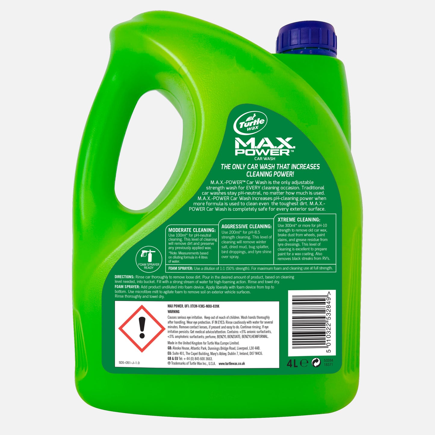 Turtle Wax Max Power 4L. Adjustable strength car wash for effective cleaning. Removes dirt, salt, and grime. Foam sprayer ready.