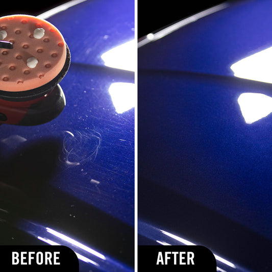 Before and after comparison of someone who has used Hybrid Solutions Ceramic Polish and Wax on a blue car