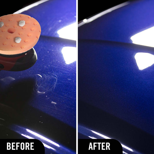 Before and after comparison of someone who has used Hybrid Solutions Ceramic Polish and Wax on a blue car