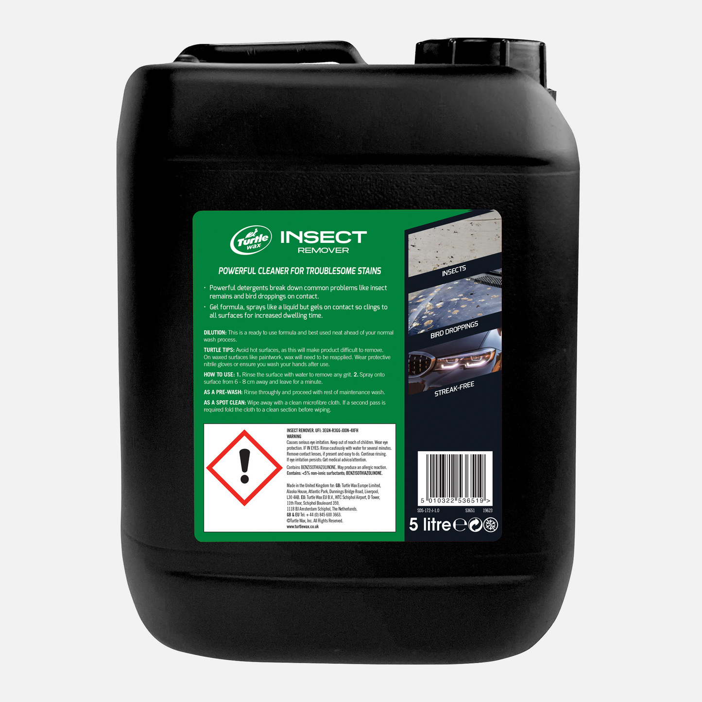 Turtle Wax Insect Remover 5L. Powerful cleaner for windscreens, bonnets. Removes bug splatter, bird lime, leaving a streak-free finish.