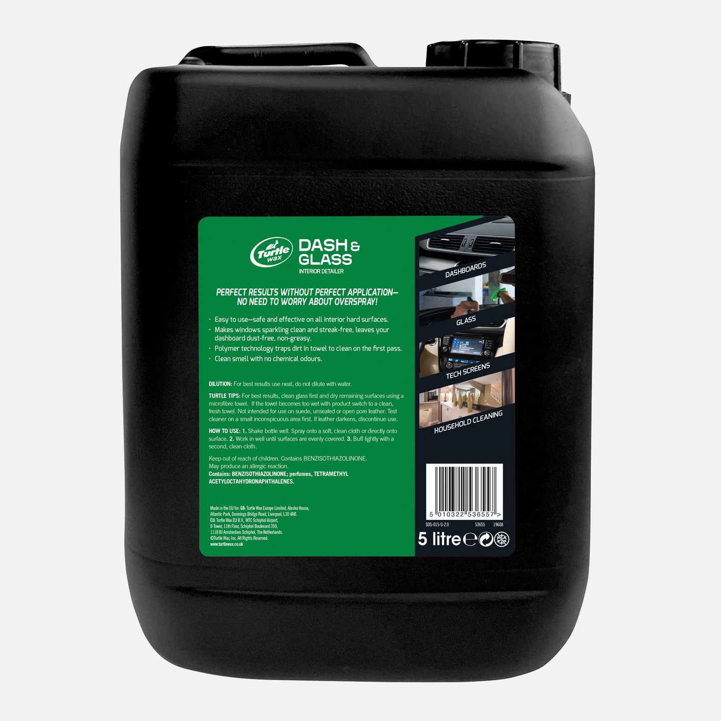 Turtle Wax dash and glass cleaner for interior car detailing. 5L bottle. Safe for dashboards, glass, tech screens and household surfaces.
