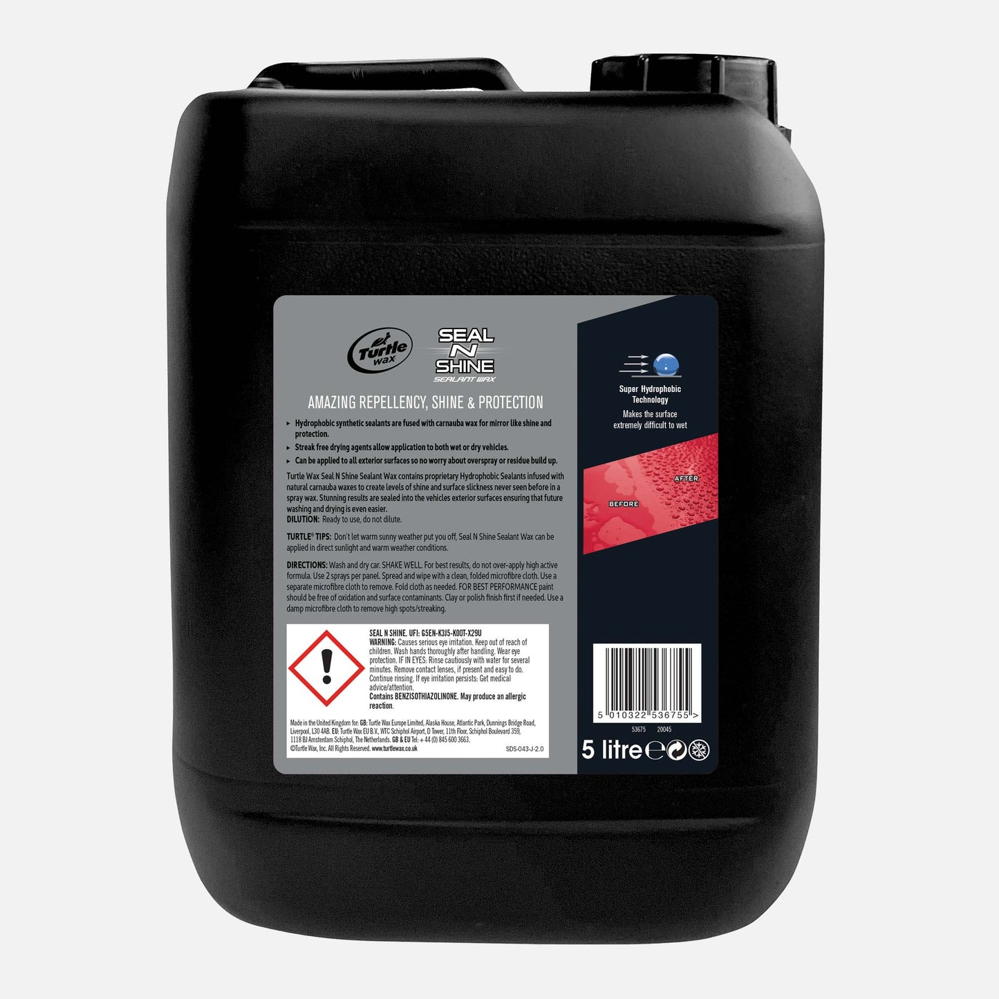 Turtle Wax Seal 'n Shine 5L container for hydrophobic car paint protection. For amazing repellency, shine, and long-lasting weatherproofing.