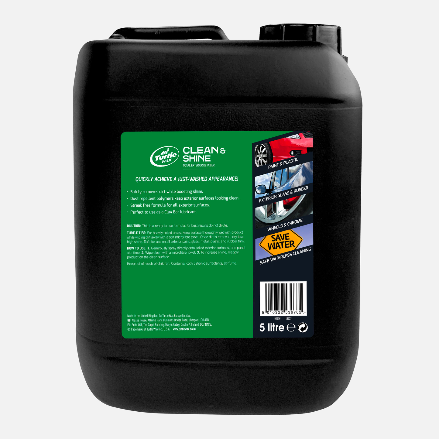 Turtle Wax Clean & Shine 5L. Waterless car detailing solution. Safe on paint, plastic, glass, wheels & chrome. UK-made.