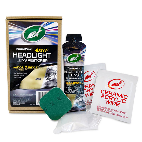 Turtle Wax headlight lens restorer kit. Includes compound, sanding pad, glove, and ceramic acrylic wipes for improved clarity.