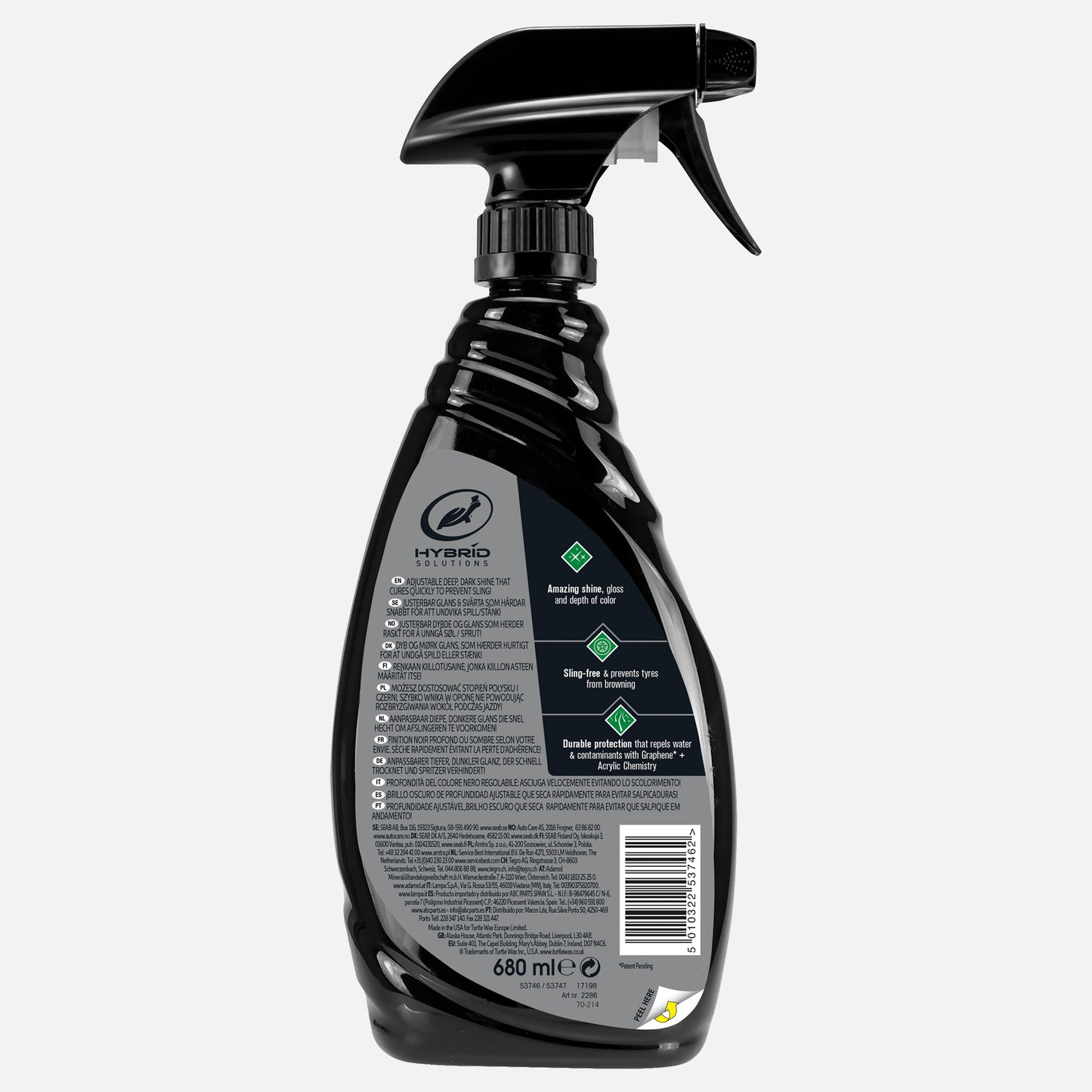 Turtle Wax Hybrid Solutions graphene acrylic tyre shine. Spray bottle for glossy tyre coating, durable, prevents browning & repels water. 680ml.