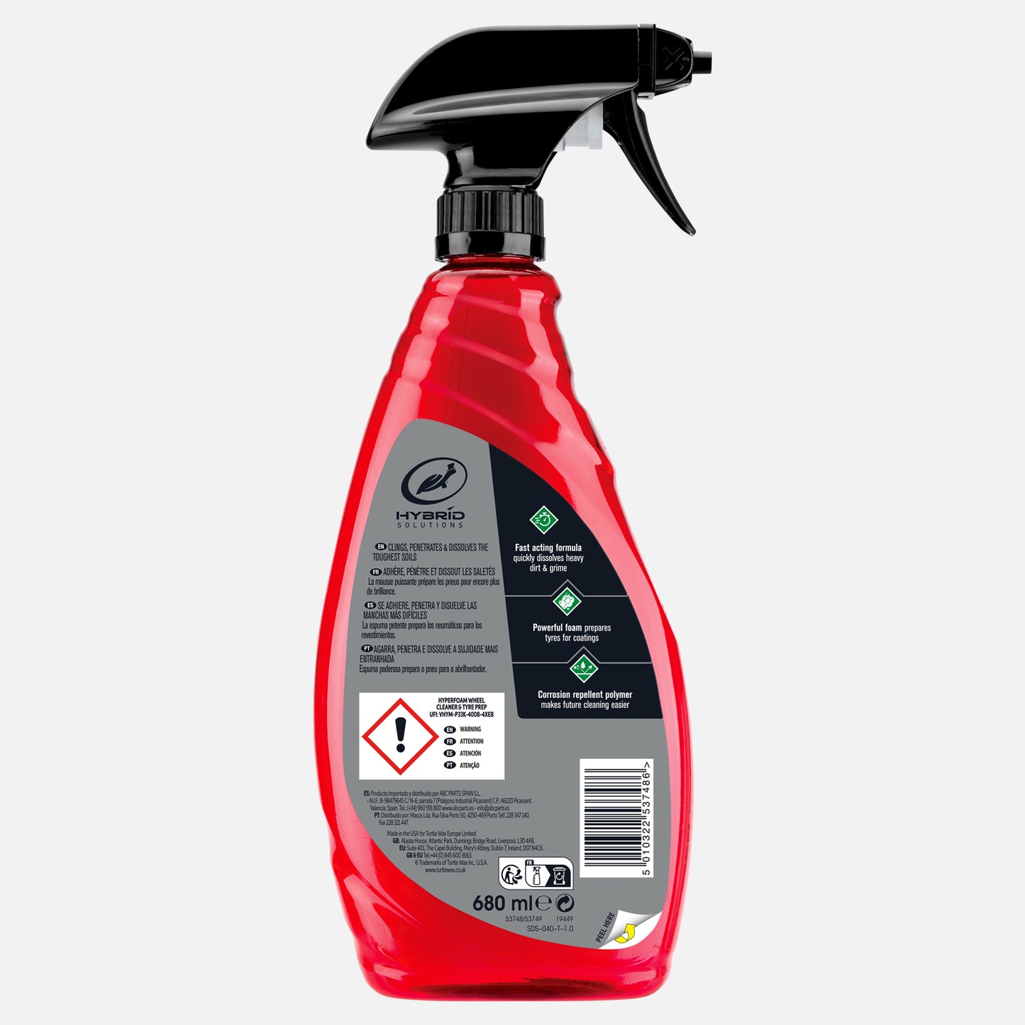 Turtle Wax Hybrid Solutions wheel and tyre cleaner in a red spray bottle, 680ml. Ready for quick dirt removal and tyre prep.