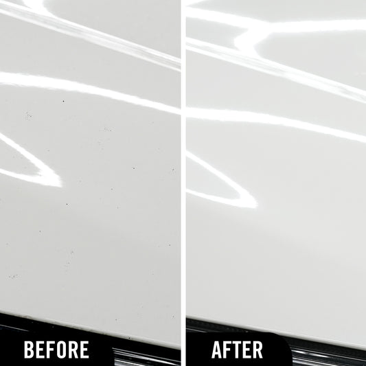 Before and after comparison of a car's paint finish following use of the hybrid solutions iron remover