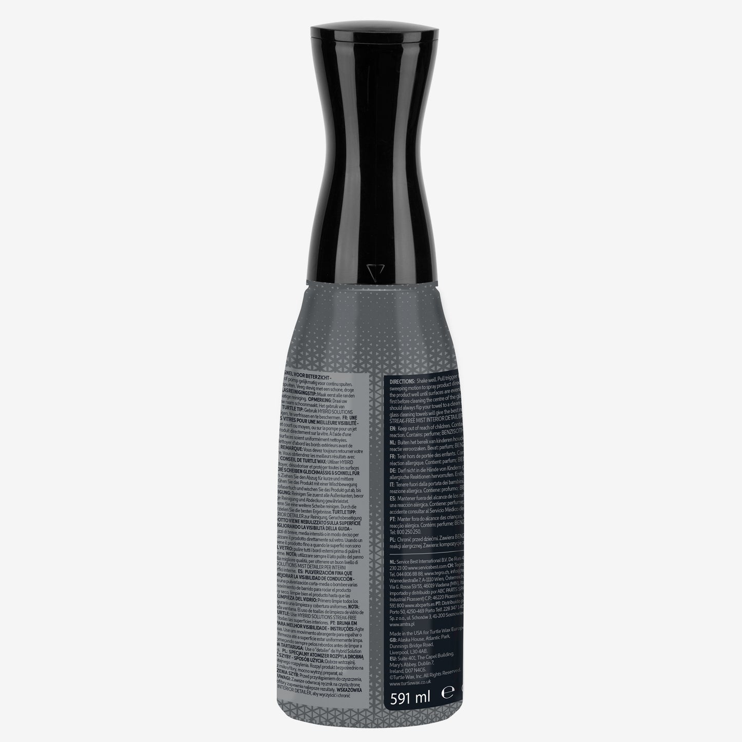 Hybrid Solutions car glass cleaner by Turtle Wax. Streak-free mist, for use inside & out. Detailer improves driving visibility. 591ml. Back of packaging