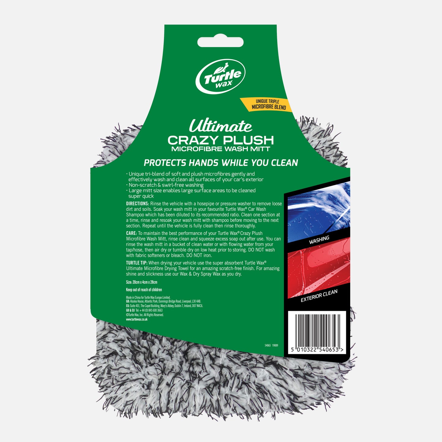 Turtle Wax Crazy Plush Microfibre Wash Mitt. Safely cleans vehicles with unique soft blend. Large size for quick car washing.