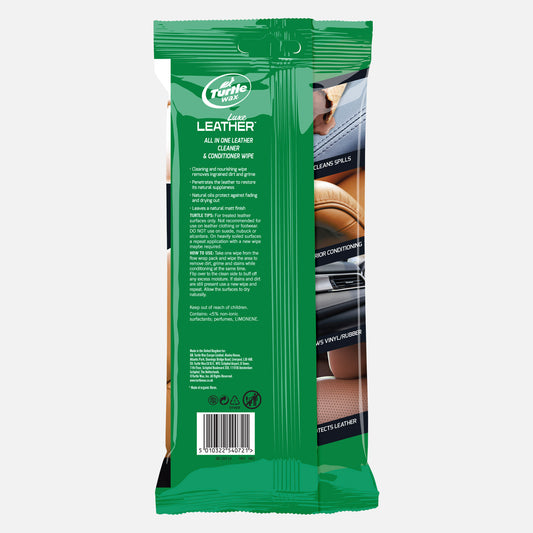 Turtle Wax Luxe Leather wipes back of packet, 24 pack. Leather care for car interiors, jackets, furniture and accessories. Cleans, conditions and protects.