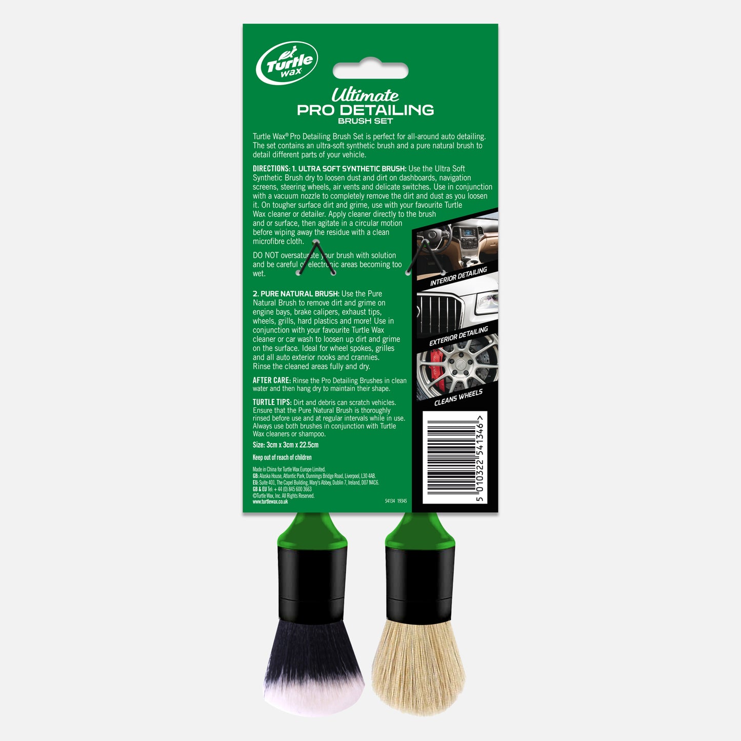 Turtle Wax detailing brush set featuring synthetic and natural bristle brushes. Ideal for car interior, exterior, and wheel cleaning.