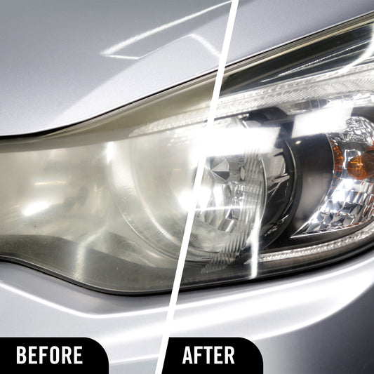 Car headlight before and after treatment using Headlight renewal wipes