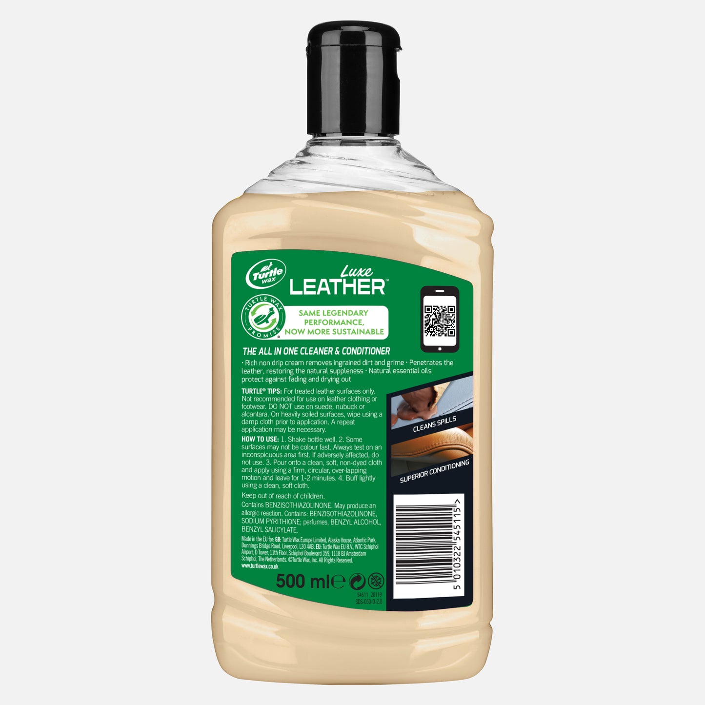 The back labelling of Turtle Wax Luxe Leather Cleaner and conditioner bottle