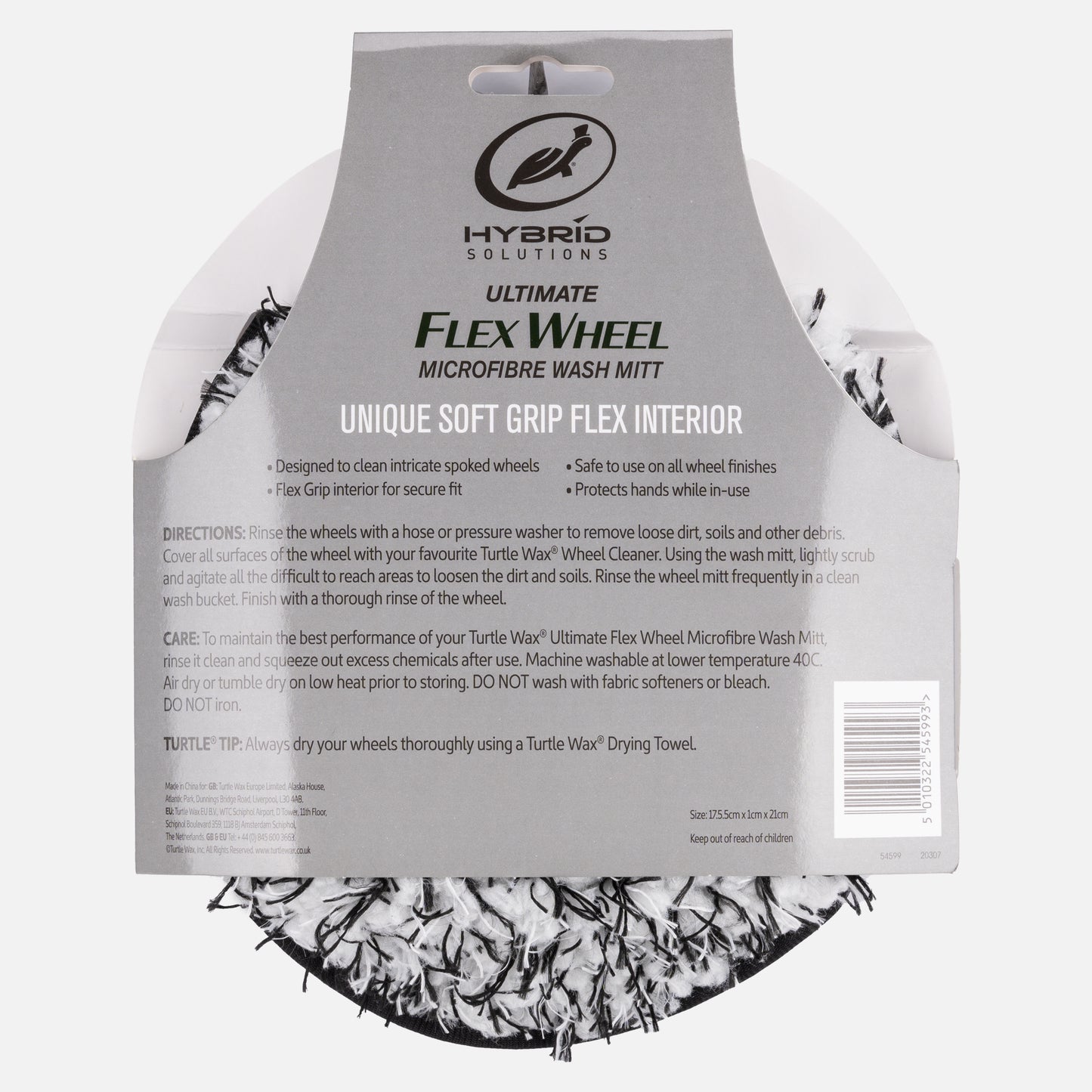 Microfibre wheel cleaning mitt with flex grip interior for washing car wheels. Safe for all wheel finishes. Turtle Wax product.