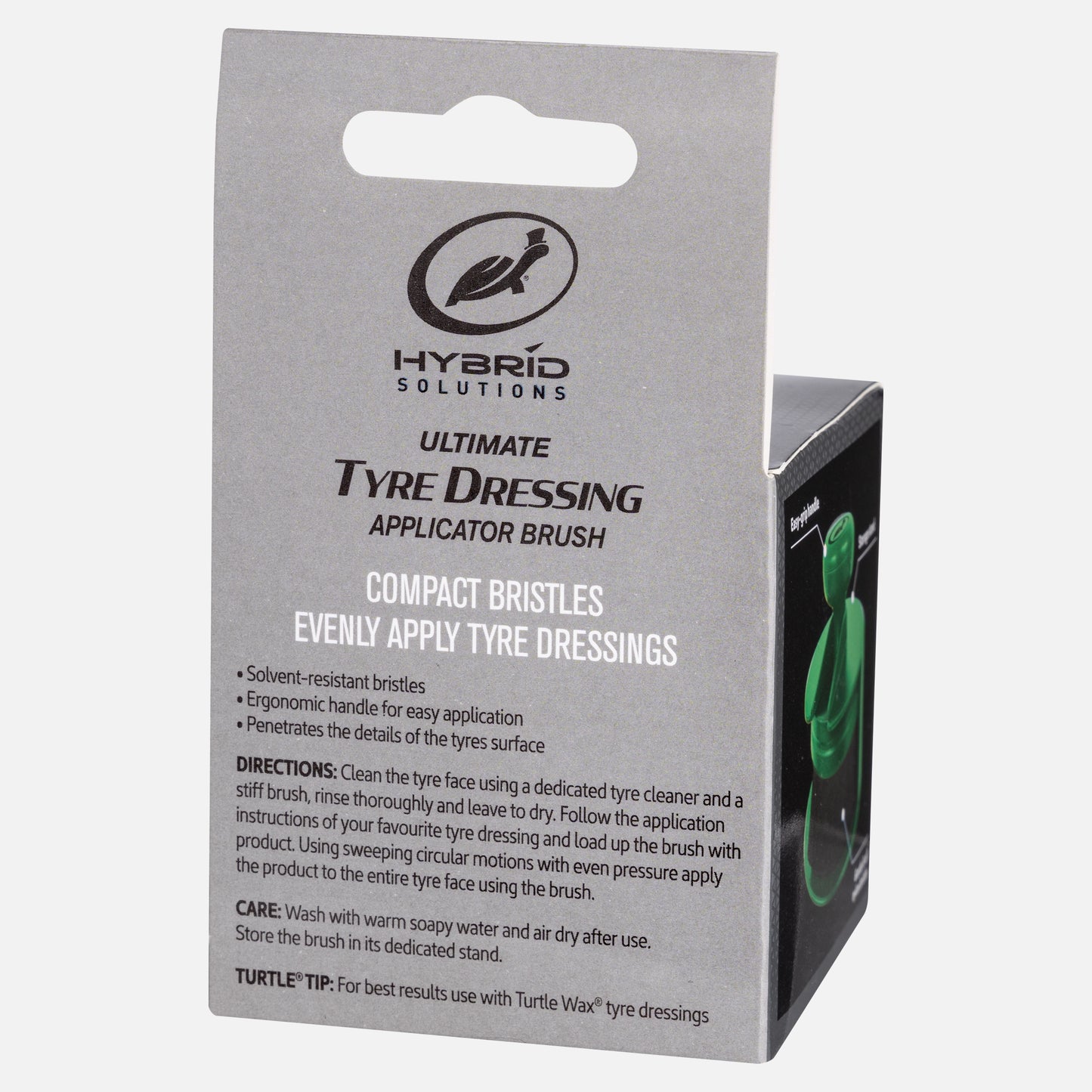 Hybrid Solutions applicator brush for tyres. Compact bristles evenly apply dressing. Use with Turtle Wax tyre products.