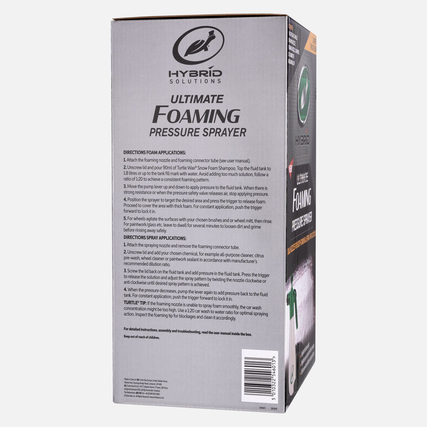 Turtle Wax product box showing a pressure sprayer for foaming. Cleaning solutions & application guidelines are listed on the packaging.