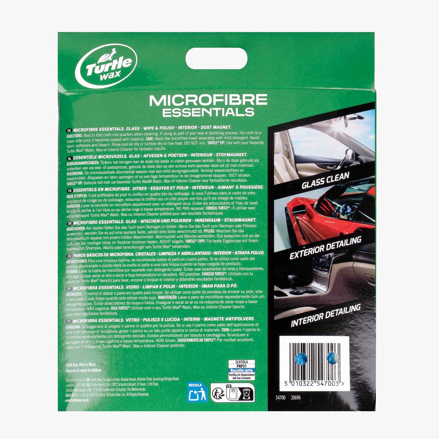 Turtle Wax microfiber essentials packaging with green background and product images.