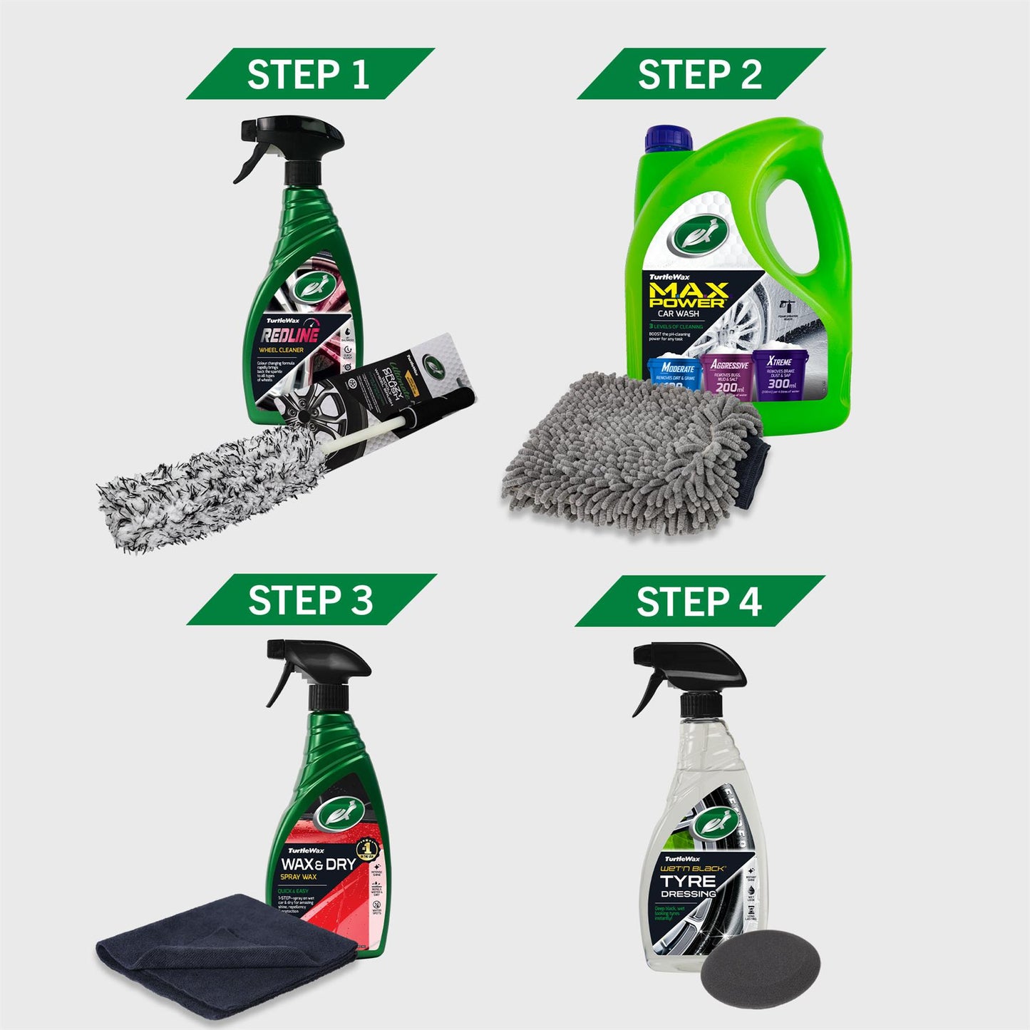 Turtle Wax car care. Features wheel cleaner, car wash, spray wax and tyre dressing with applicators. Easy step-by-step guide.