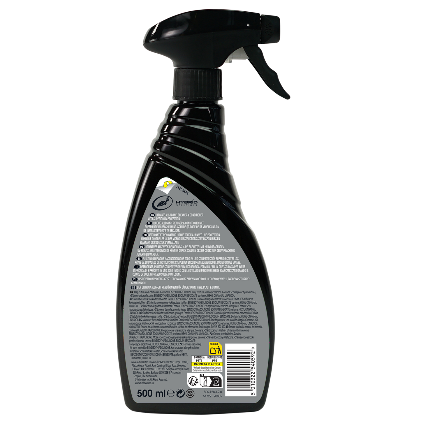 Turtle Wax Hybrid Solutions interior detailer. 500ml spray with ceramic and graphene for car dashboard/plastics cleaning and UV protection. Back of bottle