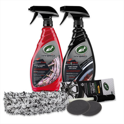 Car wheel and tyre cleaning kit featuring Turtle Wax Hybrid Solutions, with Turtle Wax Crazy Brush, pads, and a cleaning mitt. Car wheel and tyre cleaning kit featuring Turtle Wax Hybrid Solutions, with Turtle Wax Crazy Brush, pads, and a cleaning mitt.