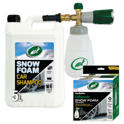 Turtle Wax Snow Foam Cannon Kit. Includes car shampoo, foam lance, bottle, brass nozzle, connectors, and other parts. Turtle Wax Snow Foam Cannon Kit. Includes car shampoo, foam lance, bottle, brass nozzle, connectors, and other parts.