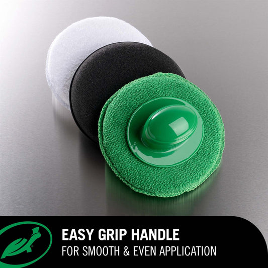 Green buffer with white, black, and green pads on a gray background