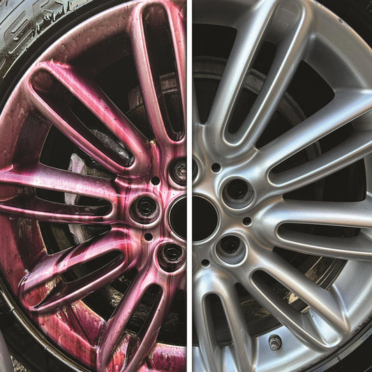 Before & After: A dirty alloy wheel treated with Turtle Wax colour-changing wheel cleaner. Notice the gleaming, dirt-free finish.