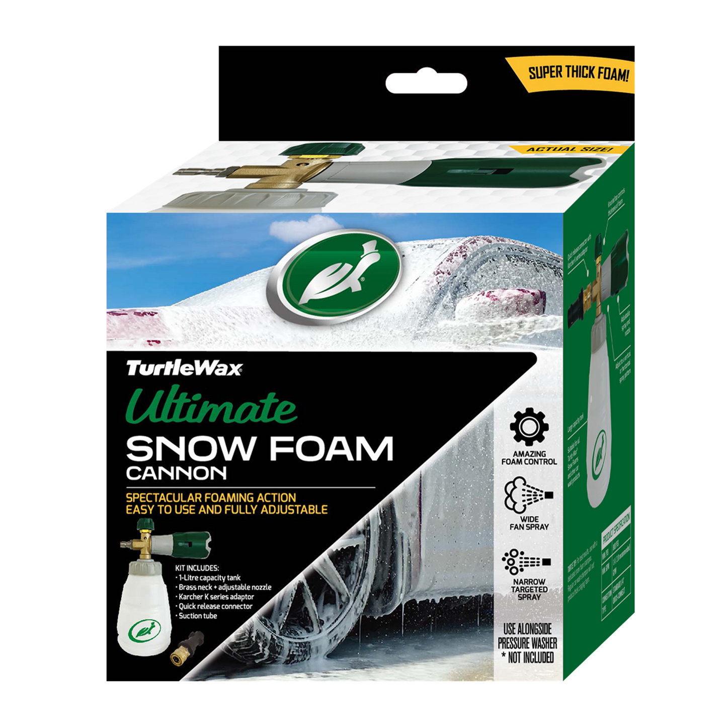 Turtle Wax snow foam cannon kit box featuring car detailing with adjustable nozzle, adapters, and a foam control. Super thick foam shown.