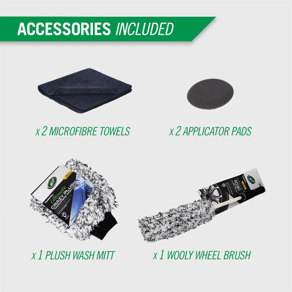 Car detailing gear featuring Turtle Wax wash mitt, wheel brush, microfibre cloths, and applicator pads for cleaning & polishing.