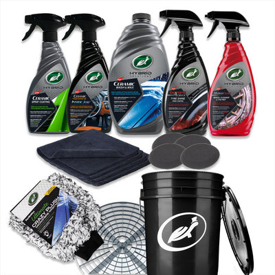 A car care set including cleaning sprays, Turtle Wax mitt, microfibre cloths, foam applicators, wash bucket, and grime guard for vehicle maintenance. A car care set including cleaning sprays, Turtle Wax mitt, microfibre cloths, foam applicators, wash bucket, and grime guard for vehicle maintenance.