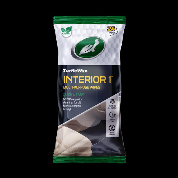 Turtle Wax Interior 1 wipes pack. Plastic-free, 24 wipes. 1-step cleaning for car fabrics, carpets and vinyl. Quick & easy. Non-greasy. Turtle Wax Interior 1 wipes pack. Plastic-free, 24 wipes. 1-step cleaning for car fabrics, carpets and vinyl. Quick & easy. Non-greasy.