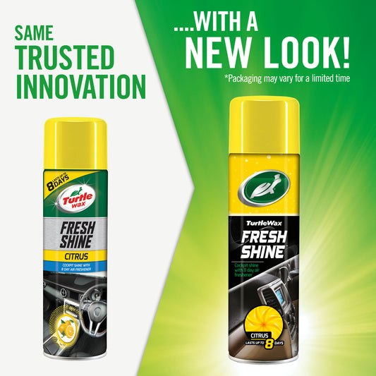Turtle Wax Fresh Shine Citrus: interior cockpit cleaner and 8-day air freshener. It is long lasting and available in updated packaging.
