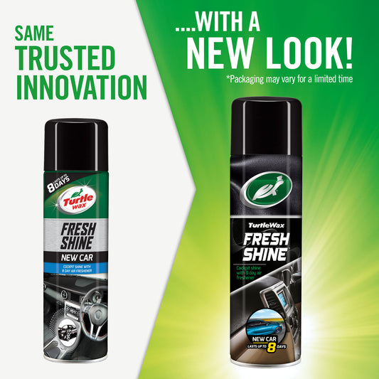 Image shows Turtle Wax Fresh Shine "New Car" spray. Interior car detailing product shown with "New Look" packaging and 8-day freshener.