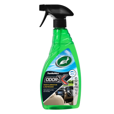 Turtle Wax Odour-X, a car interior deodoriser. The green bottle features a spray nozzle and promises to eliminate odours. Turtle Wax Odour-X, a car interior deodoriser. The green bottle features a spray nozzle and promises to eliminate odours.