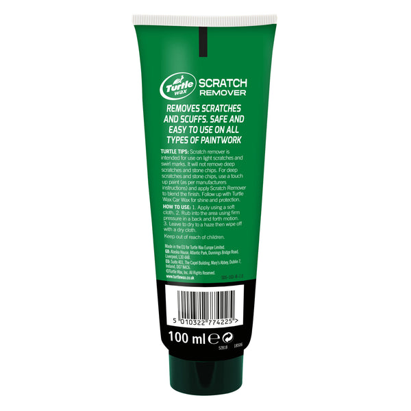 Turtle Wax Scratch Remover 100ml in a green tube. Designed to remove scratches & scuffs from car paintwork easily.