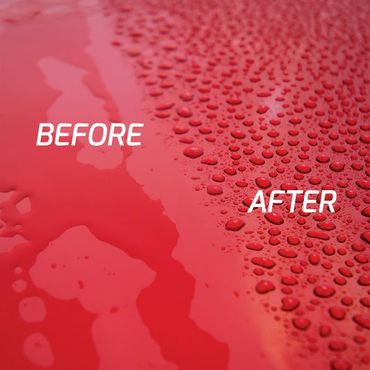 Before & after vehicle sealant effect. Turtle Wax protection: water beading on red paintwork after car detailing.