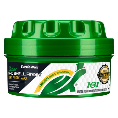Turtle Wax hard shell finish paste wax, featuring signature turtle logo. Carnauba wax for depth and durability, in green container. Turtle Wax hard shell finish paste wax, featuring signature turtle logo. Carnauba wax for depth and durability, in green container.