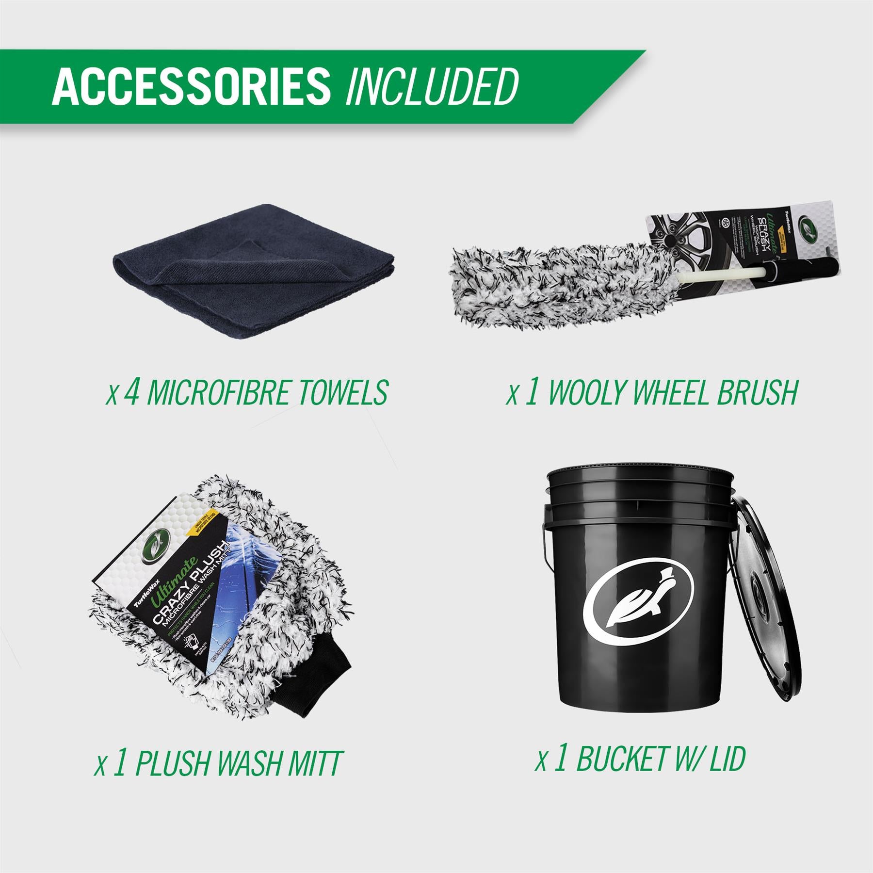 Turtle Wax car care kit: plush wash mitt, wool wheel brush, microfibre towels & bucket with lid for a pristine vehicle finish.