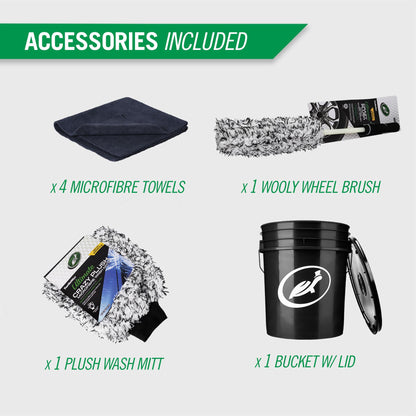 Turtle Wax car care kit: plush wash mitt, wool wheel brush, microfibre towels & bucket with lid for a pristine vehicle finish.