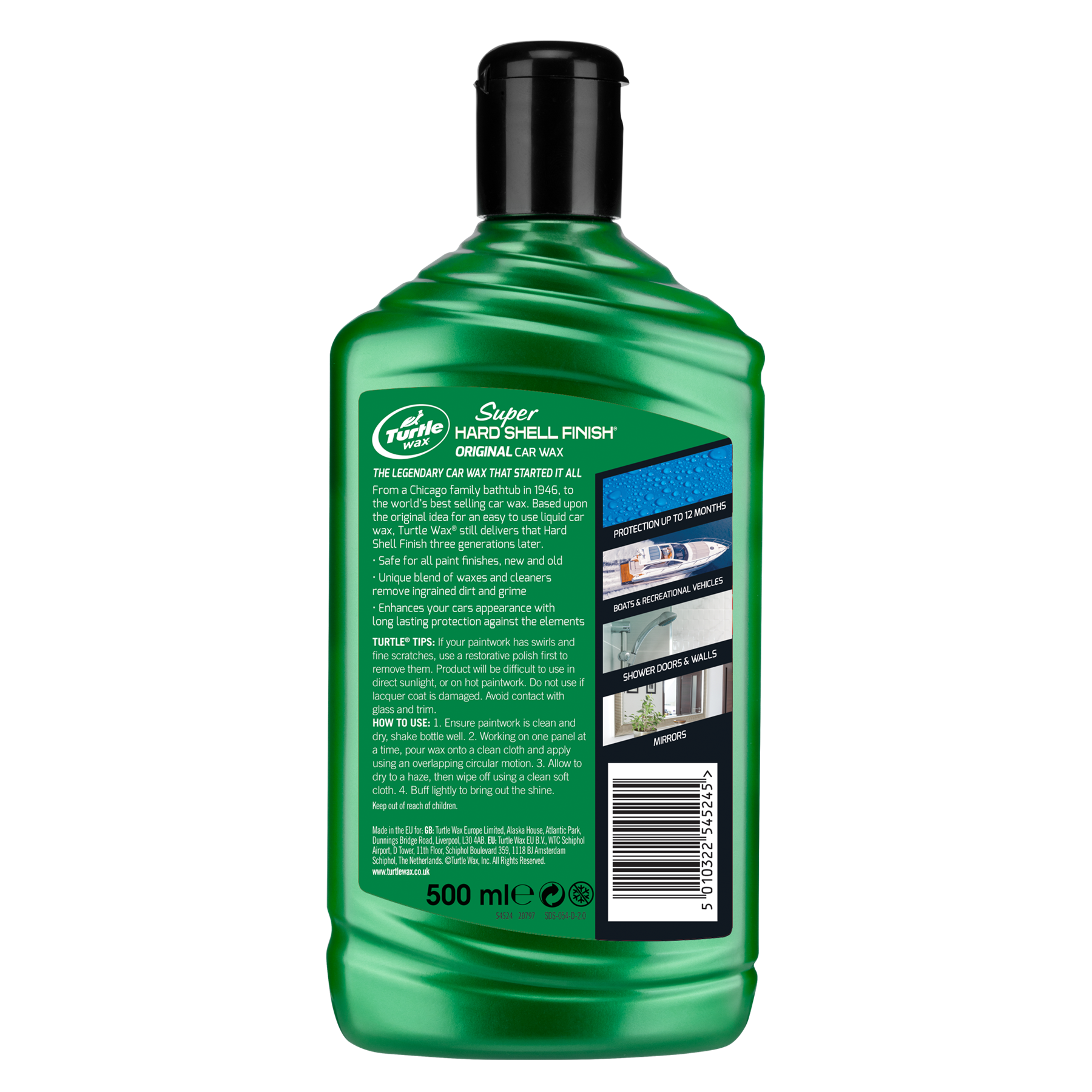 Turtle Wax Super Hard Shell Finish car wax. Classic green bottle, 500ml size, ideal for vehicles, boats, showers, and mirrors.